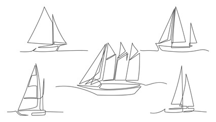 One continuous line sailing ships set.Isolated vector illustration
