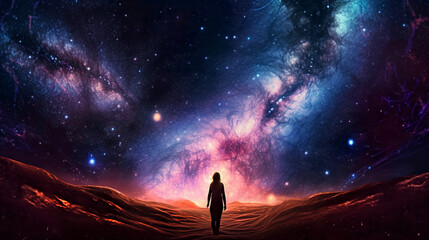 Fototapeta na wymiar Abstract Unique Young Woman Standing In the Middle Of A Galaxy Crack
