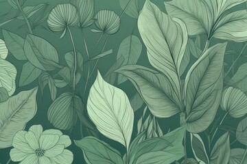 Green pattern with leaves and herbs hand drawn. Generative AI