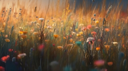 Wildflowers in sunset light. Blooming spring meadow.  Field of summer flowers. Generative AI.