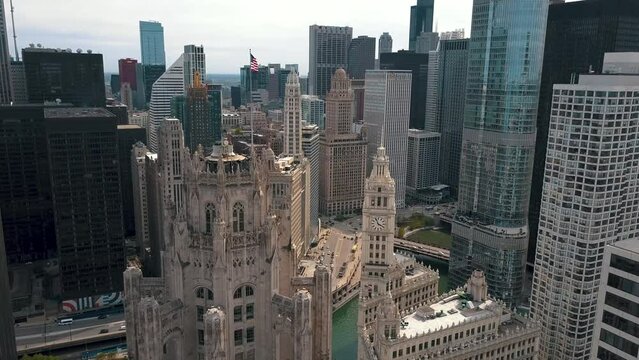 CHICAGO, USA - APRIL, 2023: Aerial drone footage of Chicago Downtown with skyscraper on cinematic background. Financial and residential buildings cityscape view on sunny spring day.