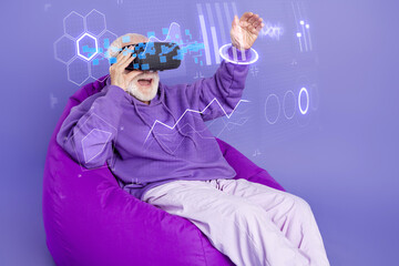 Poster 3d graphics metaphor collage of grandfather senior person feel modern play futurism game use...