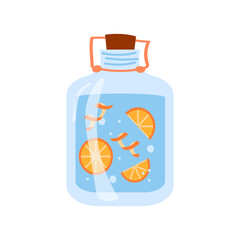 Flat vector illustration isolated on white background. Glass bottle with vinegar and orange for eco-friendly cleaning.