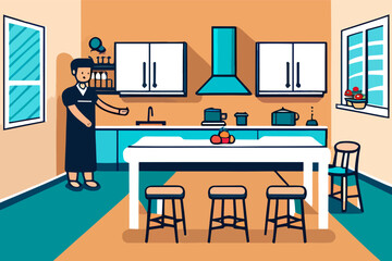 Vector design in flat style, someone is in a simple kitchen