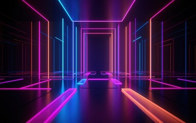 3d rendering neon lines glowing in the dark. Abstract minimalist geometric background. Ultraviolet color spectrum. Futuristic city buildings, cyberspace, matrix. 
