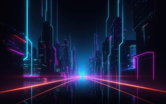 3d rendering neon lines glowing in the dark. Abstract minimalist geometric background. Ultraviolet color spectrum. Futuristic city buildings, cyberspace, matrix. Generative AI.