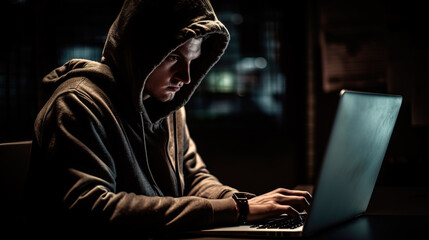 Young hacker man checking malicious code on computer monitors while sitting at desk in dark room at night. Generative AI