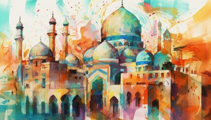 water color painting Arabic Islamic Typography design Mawlid al-Nabawai al-Sharif greeting card with dome and minaret of the Prophet's Mosque. Generative Ai