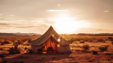 Step Up Your Camping Game: Glamping with Copyspace for Your Own Text. Ai Generated Art. Luxurious travel Glamping Images Lots of Copyspace.