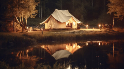The Ultimate Outdoor Retreat: Glamping in the Rocky Mountains of Canada with Copyspace. Ai Generated Art. Luxurious travel Glamping Images Lots of Copyspace.