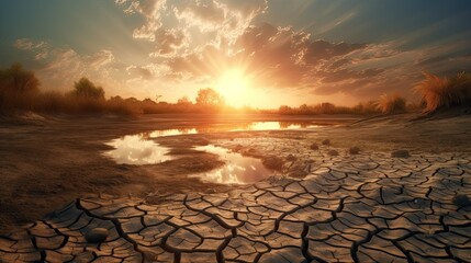 Land with dry and cracked ground. Desert,Global warming background.Conceptual image of climate change. Generative Ai.