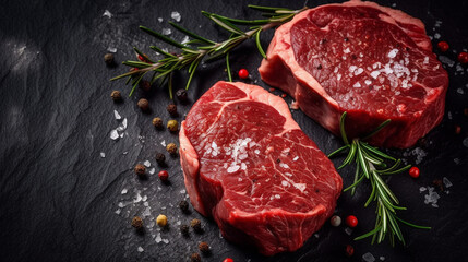 A Feast for the Eyes: A Raw Steak on a Dark Stone Background with Copyspace for Your Text. Ai generated Art. Food Concept Art with lots of Copyspace for your Food Art. Delicous Delight.