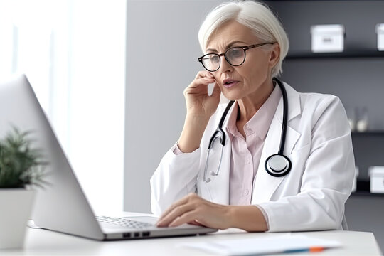European female adult doctor consultate patient dia internet, using laptop. Medicine concept. Online treatment. Medical electronic, internet app, medicine technology, zoom event. Generated AI