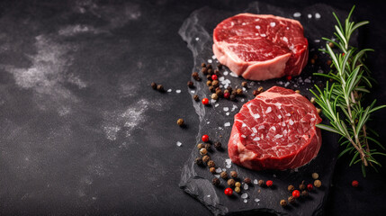 The Perfect Complement: Two Raw Steaks on a Slate Background with Copyspace for Your Text. Ai generated Art. Food Concept Art with lots of Copyspace for your Food Art. Delicous Delight.
