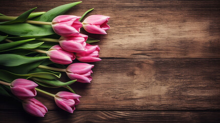 Obraz na płótnie Canvas Creating a Cozy Atmosphere: A Tulip Border with Copyspace on a Wooden Background. AI generated Art. Background, Wallpaper, Spring and summer vibes for your Concept with lots of Copyspace.