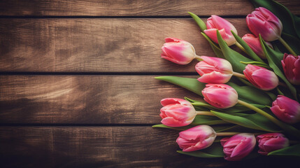 A Touch of Spring: A Bouquet of Pink Tulips with Copyspace on a Wooden Background. AI generated Art. Background, Wallpaper, Spring and summer vibes for your Concept with lots of Copyspace.