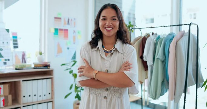 Face, fashion and woman designer arms crossed in boutique for small business, startup or vision. Creative, design and portrait of happy lady proud of idea for clothes, luxury or tailor opportunity