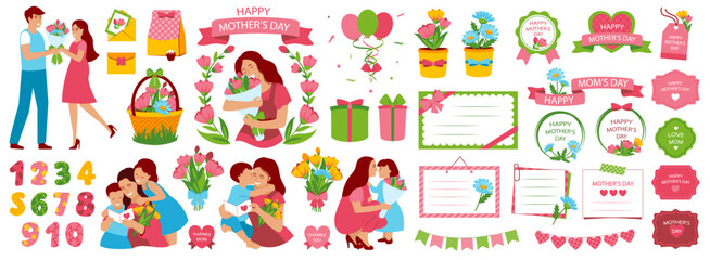 Mother's day. Beautiful woman holds a baby in her arms, mom hugs her children. Set of flat vector icon from design banner or template