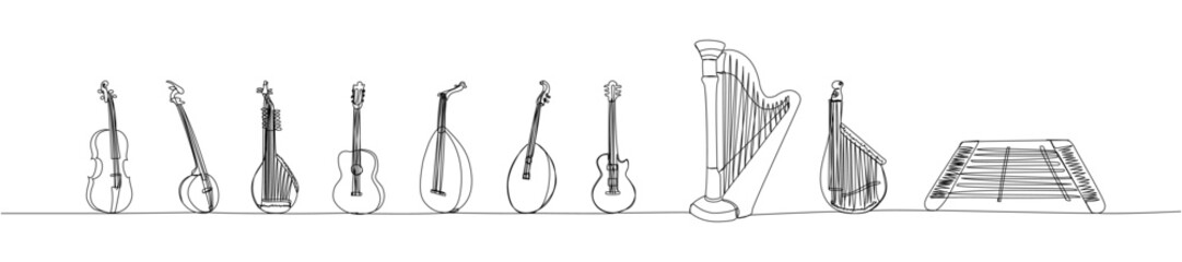 String musical instruments set one line art. Continuous line drawing of guitar, kozobas, kobza, bandura, lute, sitar, violin, cello, contrabass, harp, musical, tsymbaly, dulcimer