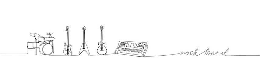 Instruments of rock band set one line art. Continuous line drawing of piano, guitar, grum kit, electro, bass, acoustic, pop, rock, synthesizer, festival with an inscription, lettering, handwritten.