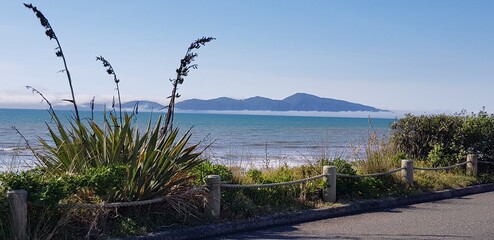 Kapiti Island and beach, Paraparaumu, New Zealand