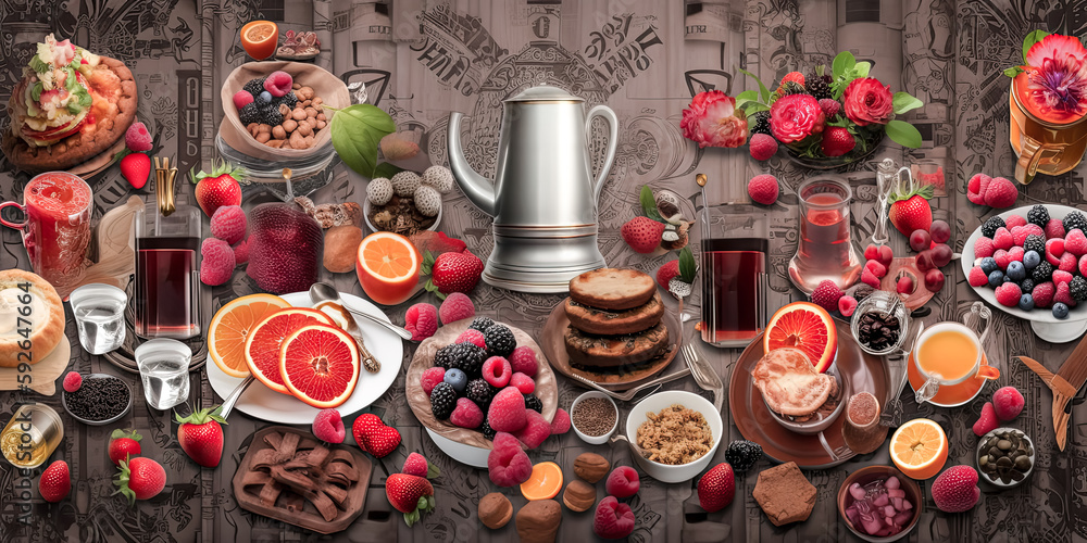 Poster a high background berry beverage breakfast buffet was created with generative ai. - generative ai