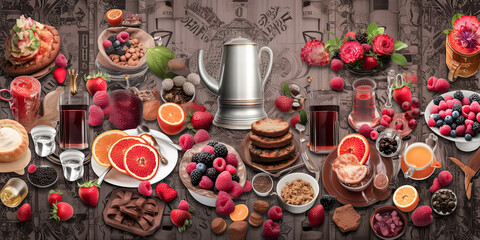 A high background berry beverage breakfast buffet was created with generative AI. - generative ai