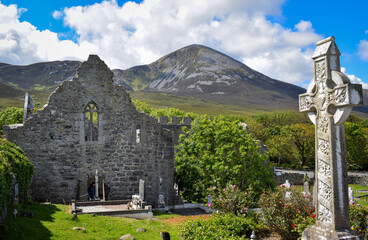 View of Croagh Patrick mountain from Murrisk Abbey, Co Mayo, Ireland. Wild Atlantic Way road trip.