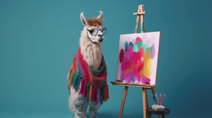 Llama artist near the easel on a blue background, Generative AI