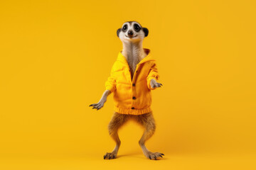 joyful meerkat on yellow background, Generative AI