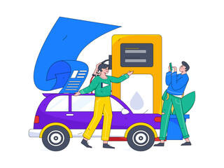 Vector internet operation hand-drawn illustration of people getting discounts for refueling the car

