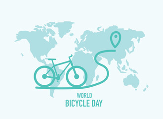 Fototapeta na wymiar World Bicycle Day, bicycle sign, bicycle silhouette against a world map with destination road, vector illustration in flat style