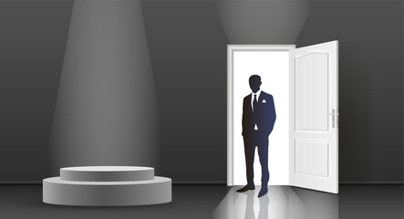 The interior of an empty dark room with an open door and a podium, the silhouette
of a man in a suit.
Free up space for copying the 3d image.