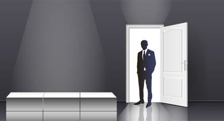 Obraz premium The interior of an empty dark room with an open door and a podium, the silhouette of a man in a suit. Free up space for copying the 3d image.