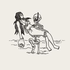 A skeleton and a girl on a beach. Summer vibes. Outline illustration
