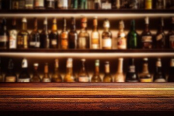 Closeup of a wooden table filled with blurred bar and beer bottles