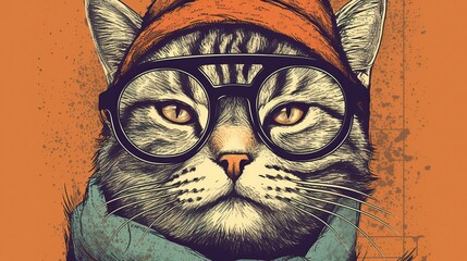 Hipster Cute Funny Art Cat Illustration. Generative AI