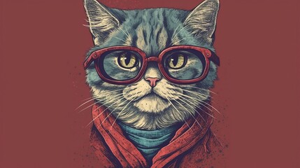 Hipster Cute Funny Art Cat Illustration. Generative AI