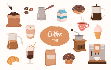 Vector hand-drawn coffee set with sweets on a white background