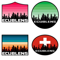 Ecublens Skyline Silhouette Switzerland Flag Travel Souvenir Sticker Sunset Background Vector Illustration SVG EPS AI