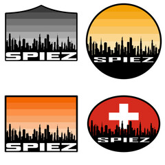 Spiez Skyline Silhouette Switzerland Flag Travel Souvenir Sticker Sunset Background Vector Illustration SVG EPS AI