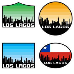 Los Lagos Skyline Silhouette Chile Flag Travel Souvenir Sticker Sunset Background Vector Illustration SVG EPS AI