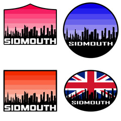 Sidmouth Skyline Silhouette Uk Flag Travel Souvenir Sticker Sunset Background Vector Illustration SVG EPS AI