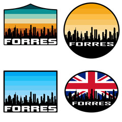 Forres Skyline Silhouette Uk Flag Travel Souvenir Sticker Sunset Background Vector Illustration SVG EPS AI