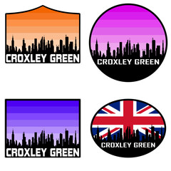 Fototapeta premium Croxley Green Skyline Silhouette Uk Flag Travel Souvenir Sticker Sunset Background Vector Illustration SVG EPS AI