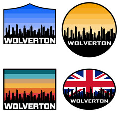 Wolverton Skyline Silhouette Uk Flag Travel Souvenir Sticker Sunset Background Vector Illustration SVG EPS AI