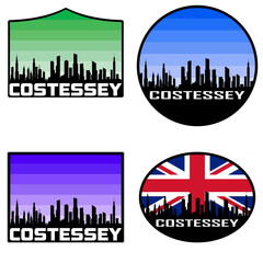Costessey Skyline Silhouette Uk Flag Travel Souvenir Sticker Sunset Background Vector Illustration SVG EPS AI