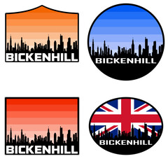 Obraz premium Bickenhill Skyline Silhouette Uk Flag Travel Souvenir Sticker Sunset Background Vector Illustration SVG EPS AI
