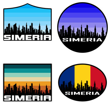 Simeria Skyline Silhouette Romania Flag Travel Souvenir Sticker Sunset Background Vector Illustration SVG EPS AI