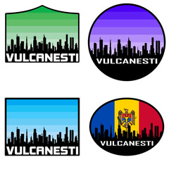 Vulcanesti Skyline Silhouette Moldova Flag Travel Souvenir Sticker Sunset Background Vector Illustration SVG EPS AI